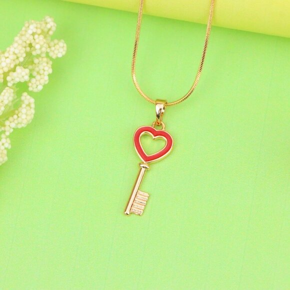 "Heart-Shaped Key Design Rose Gold Pendant with Red Enamel Accent, XPPT1280 - Picture 5 of 12